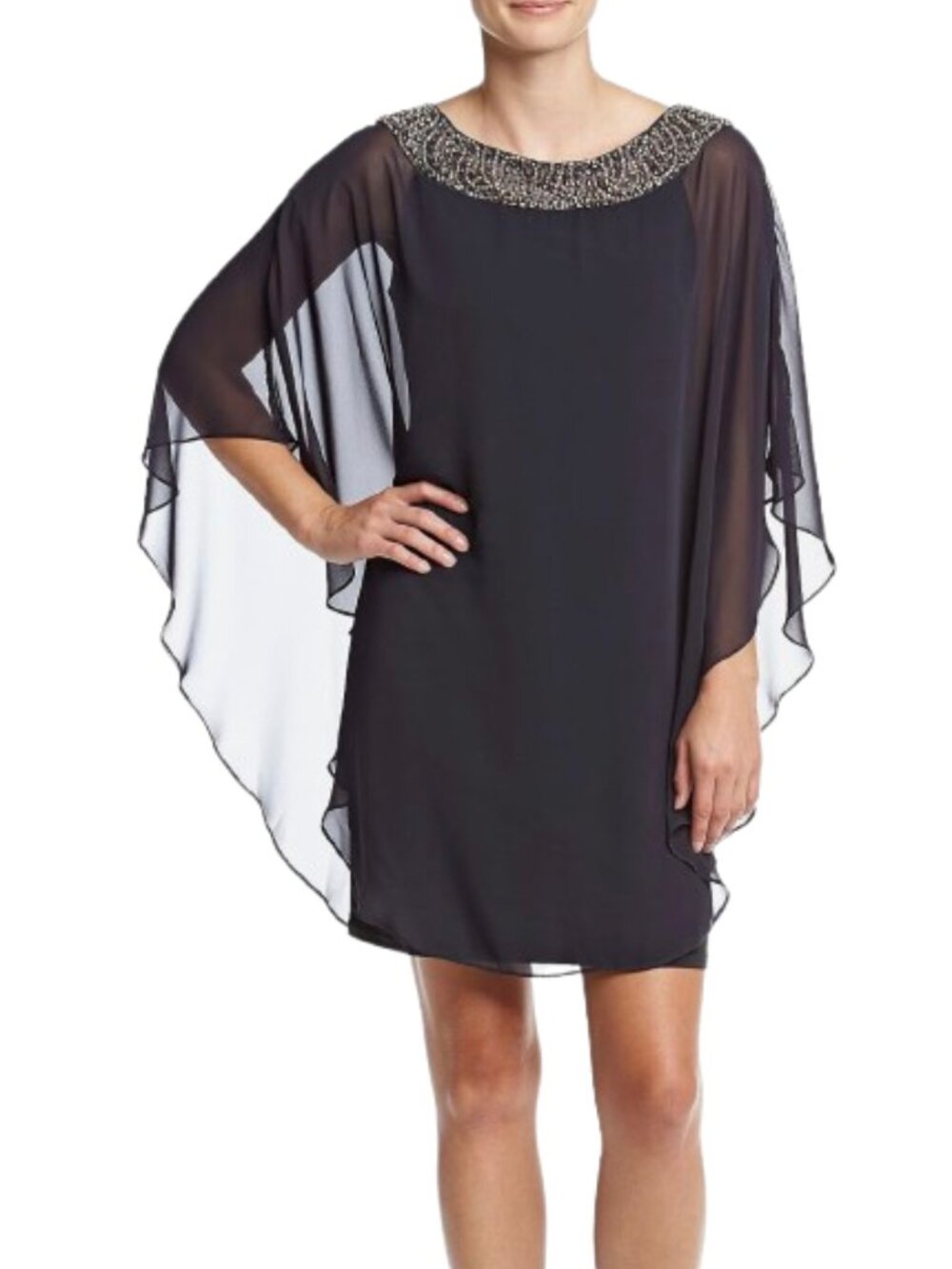 Women's Plus 16 NWT Xscape Black Beaded Neck Chiffon Overlay Cape Dress